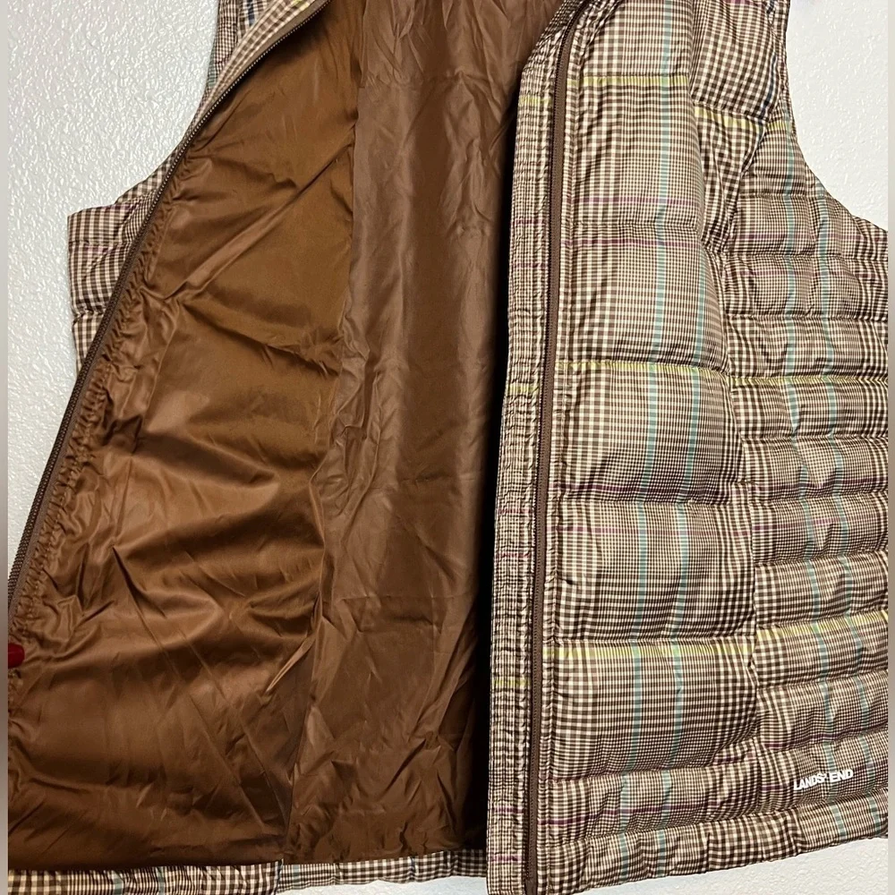 Lands End Down Vest 600 Fill Plaid Brown Size Large
